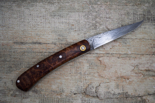 Hand-forged Go-Mai Damascus slipjoint / 1084, Damascus & Antique Wrought Iron Blade with Quilted Maple Burl Scales Ash Scales