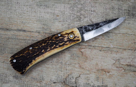 Hand-forged Folding Knife / Heavy duty slipjoint /  Sheffcut Carbon Steel Blade & Stag Handle / Non-locking UK Legal Carry