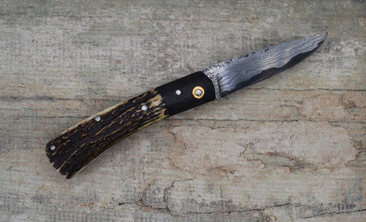 Hand-Forged San Mai Damascus Slipjoint with Bog Oak & Stag Antler Scales / UK Legal Carry