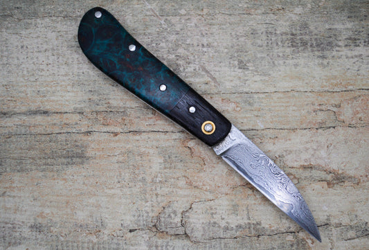 Hand-forged Wharncliffe Slipjoint / Pattern Welded Damascus Blade / Bog Oak and Electric Blue Chestnut B UK Legal Carry / Bog Yew & Antler Handle