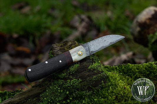 Wharncliffe Damascus Slipjoint / Hand-forged folding knife / Stag, Elm Burl & Bog Oak Handle / Non-locking UK Legal Carry