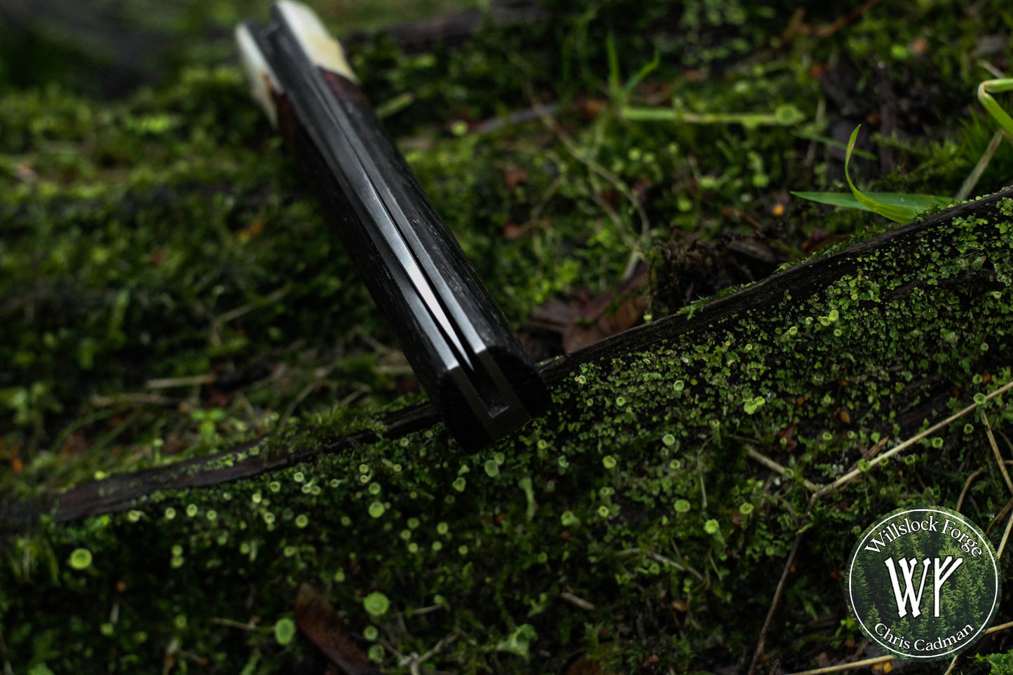 Wharncliffe Damascus Slipjoint / Hand-forged folding knife / Stag, Elm Burl & Bog Oak Handle / Non-locking UK Legal Carry