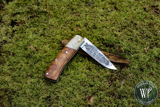 Hand-forged Yakut Style Slipjoint / UK Legal Folding Knife / 1084 Carbon Steel Blade with Moose Antler & Stabilized Masur Birch handle