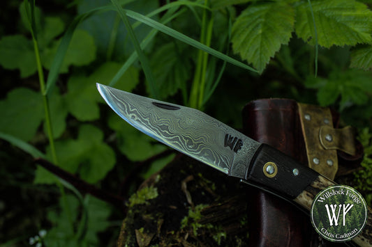 Hand-forged Damascus San Mai Slipjoint / UK Legal Folding Knife / Ancient Bog Oak & Stag Crown / Traditional Pocket Knife / UK Legal