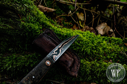 Hand-forged folding knife / Wharncliffe Slipjoint / Baker Forge & Tool Copper Damascus Blade / Copper Liners & Ash Burl Scales / UK Legal Pocket Knife