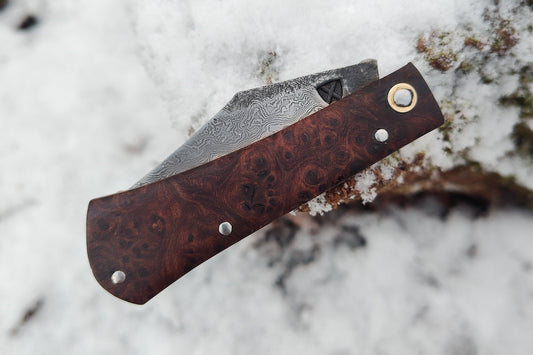 Hand-forged slipjoint folding knife / Pattern-welded Damascus blade / UK Legal / Antiqued Brass & Elm Burl Handle