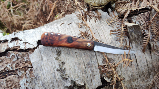 Hand-forged Friction Folder / 52100 Carbon Steel blade / Yew Burl and mahogany scales / UK Legal Carry