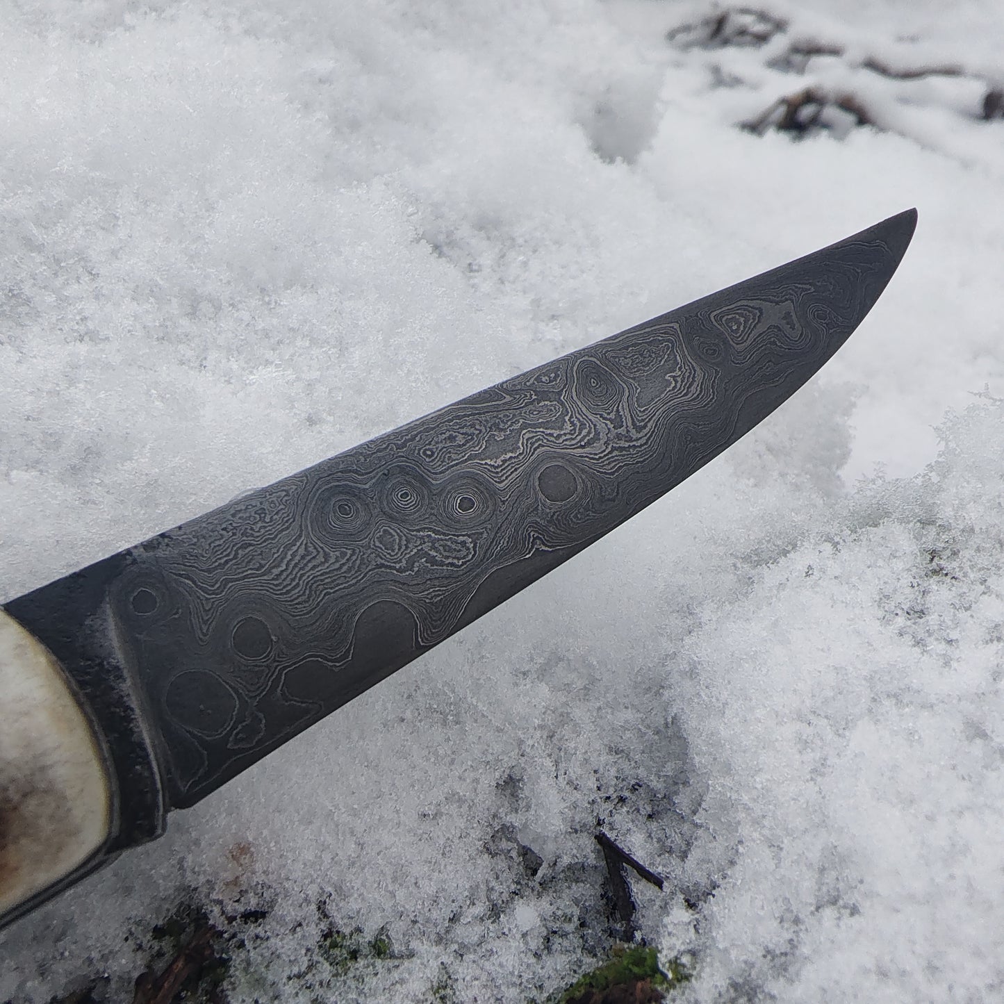 Hand-Forged San Mai Damascus Slipjoint with Bog Oak & Stag Antler Scales / UK Legal Carry