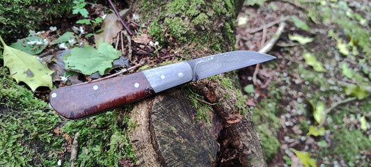Hand-forged Wharncliffe Slipjoint / Pattern Welded Damascus Blade / Wrought Iron Bolsters and Beech Burl Scales / UK Legal Carry