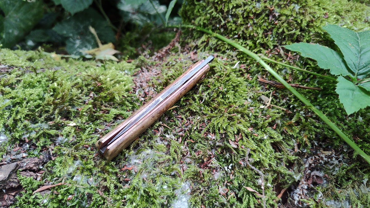 Anglo-Saxon style Friction Folder / Wrought Iron San Mai Blade / Holly Burl and Copper handle / UK Legal Carry