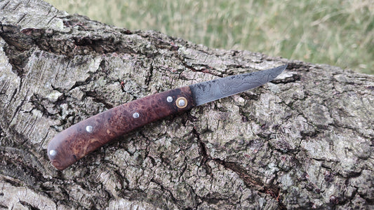 Hand-forged Folding Knife / Pattern-welded blade / Ash Burl Scales / Non-locking UK Legal Carry