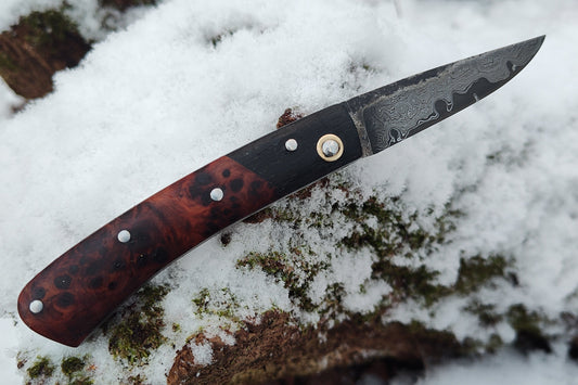 Hand-forged Slipjoint / Heavy Duty Folding Knife / Raindrop Damascus San Mai blade / Bog Oak bolsters with Yew Burl Scales / UK Legal Pocketknife