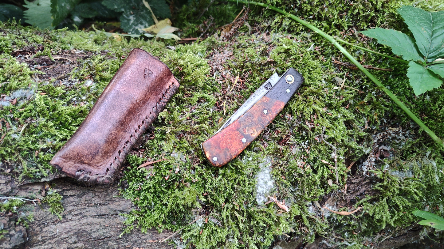 Hand-forged Slipjoint / Slimline Gentleman's pocket Knife / Sheffcut Carbon Steel blade with Box Elder Burl (Stabilized) Scales and Bog Oak bolsters / UK Legal Pocketknife