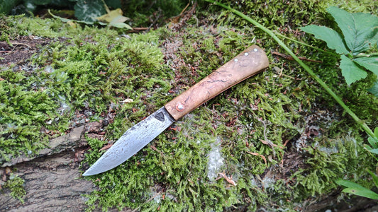 Anglo-Saxon style Friction Folder / Wrought Iron San Mai Blade / Holly Burl and Copper handle / UK Legal Carry