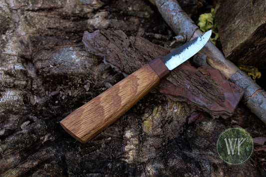 Hand-forged woodcarving knife with Walnut and White Oak handle