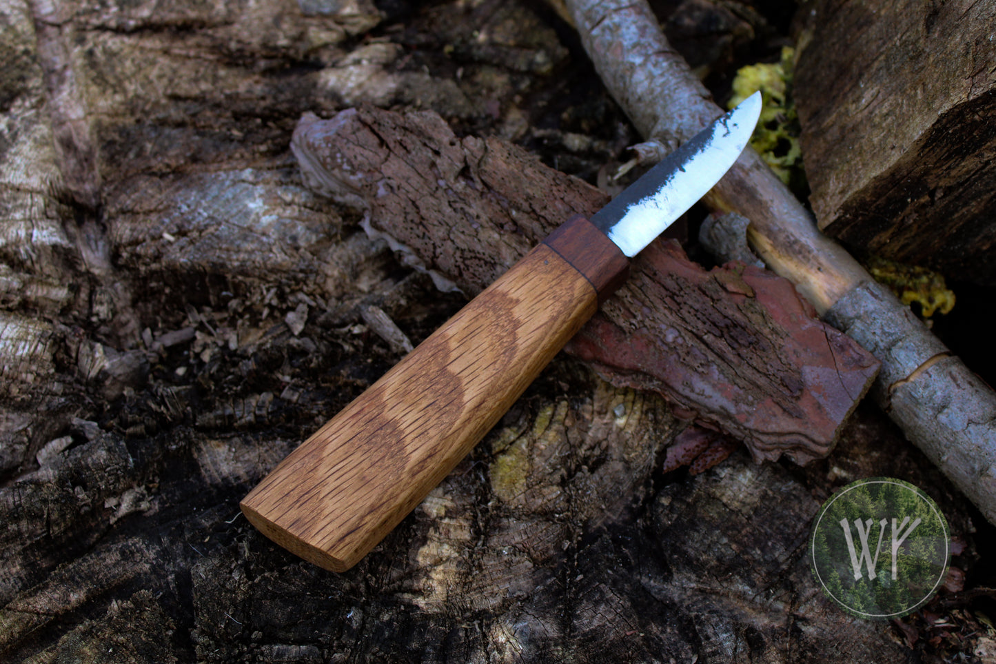 Hand-forged woodcarving knife with Walnut and White Oak handle
