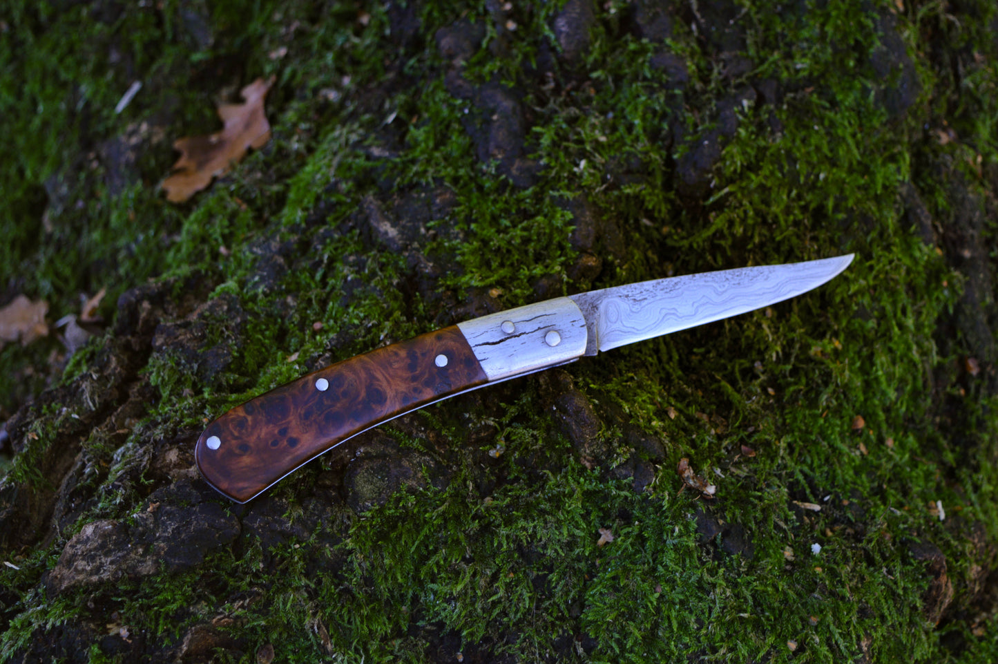 Hand-forged Go-Mai Damascus slipjoint / 1084, Damascus & Antique Wrought Iron Blade with Quilted Maple Burl Scales Ash Scales