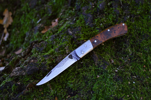 Hand-forged Go-Mai Damascus slipjoint / 1084, Damascus & Antique Wrought Iron Blade with Quilted Maple Burl Scales Ash Scales