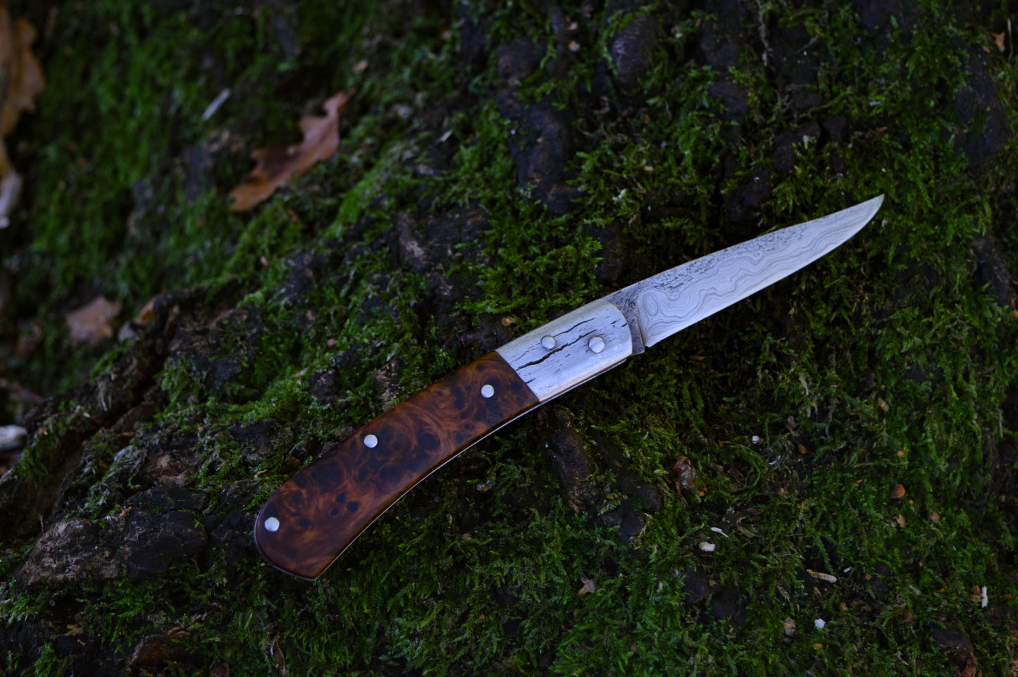 Hand-forged Go-Mai Damascus slipjoint / 1084, Damascus & Antique Wrought Iron Blade with Quilted Maple Burl Scales Ash Scales