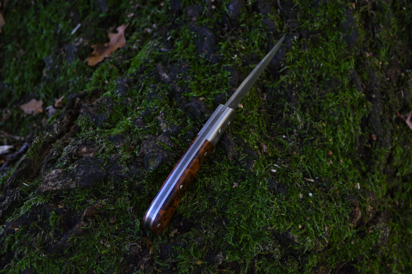 Hand-forged Go-Mai Damascus slipjoint / 1084, Damascus & Antique Wrought Iron Blade with Quilted Maple Burl Scales Ash Scales