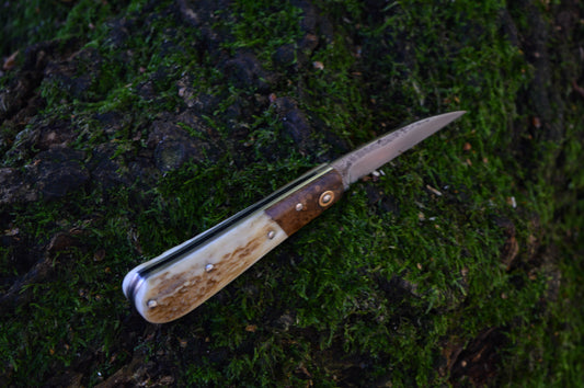 Hand-forged Wharncliffe Slipjoint / UK Legal Folding Knife / Carbon Steel Blade with Ash Burl & Stag Handle