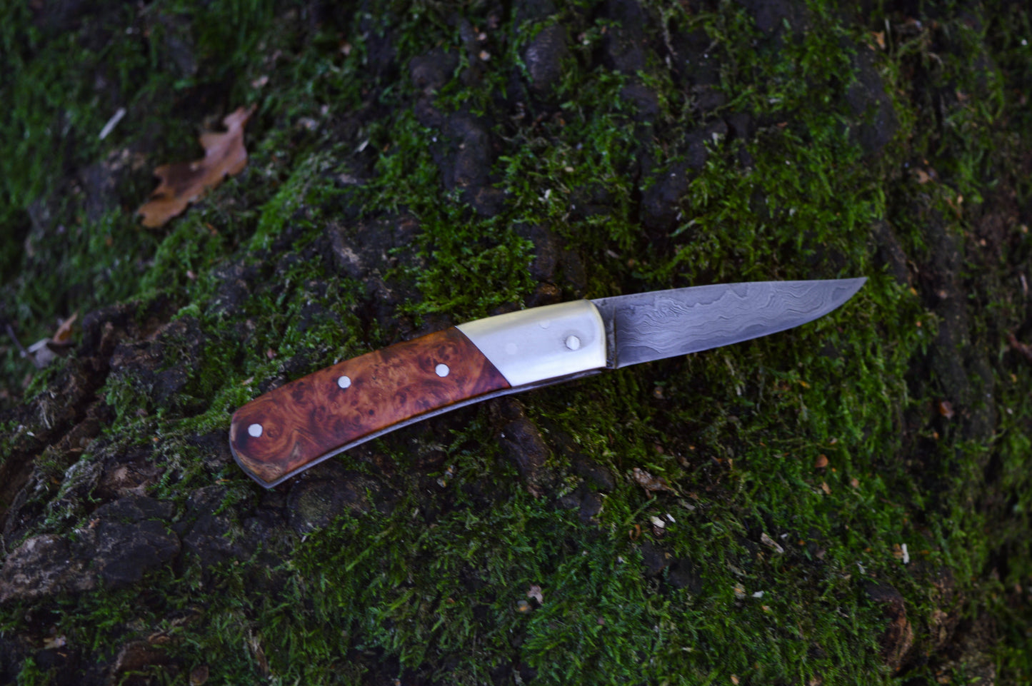 Hand-forged slipjoint folding knife / Pattern-welded Go-Mai Damascus Blade / Stainless Steel Liners & Bolsters / Amboyna Burl Scales