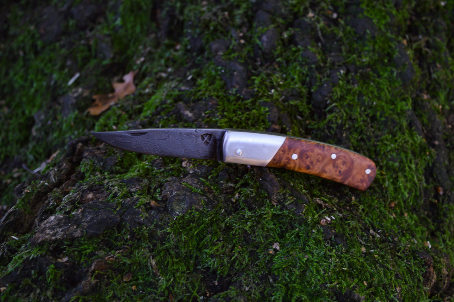 Hand-forged slipjoint folding knife / Pattern-welded Go-Mai Damascus Blade / Stainless Steel Liners & Bolsters / Amboyna Burl Scales