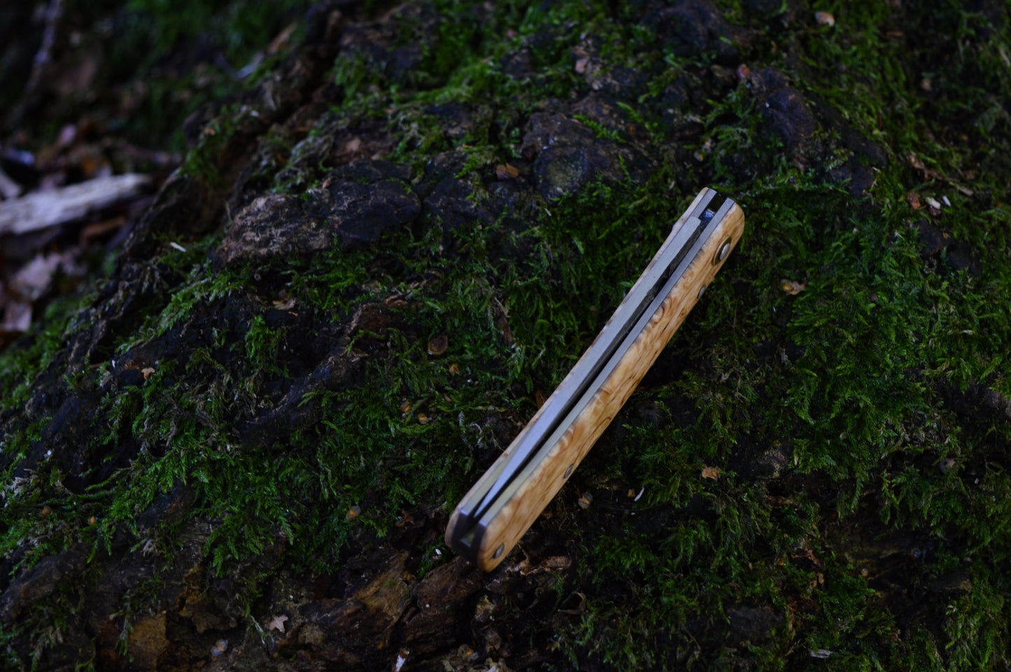 Hand-forged Folding Knife / Carbon Steel Blade/ Titanium Liners with Masur Birch Scales / Heavy duty slipjoint / Non-locking UK Legal Carry