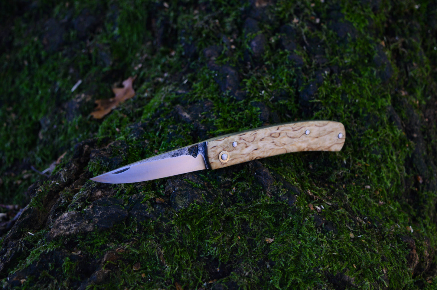 Hand-forged Folding Knife / Carbon Steel Blade/ Titanium Liners with Masur Birch Scales / Heavy duty slipjoint / Non-locking UK Legal Carry