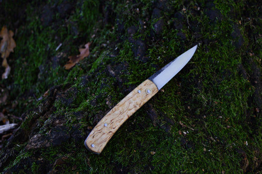 Hand-forged Folding Knife / Carbon Steel Blade/ Titanium Liners with Masur Birch Scales / Heavy duty slipjoint / Non-locking UK Legal Carry