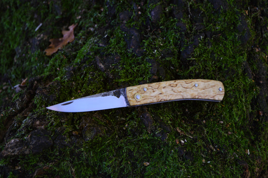 Hand-forged Folding Knife / Carbon Steel Blade/ Titanium Liners with Masur Birch Scales / Heavy duty slipjoint / Non-locking UK Legal Carry