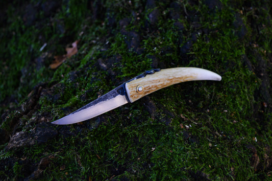 Hand-forged Viking Friction Folder / 15n20 Blade / Stag Antler Handle / UK Legal Pocket Knife