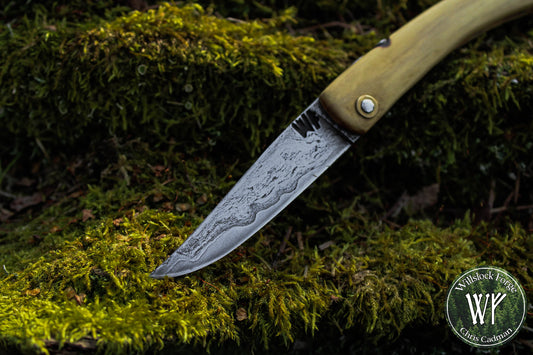 Hand-forged folding knife / Wrought Iron San Mai Viking Friction Folder / Boxwood handle / UK Legal