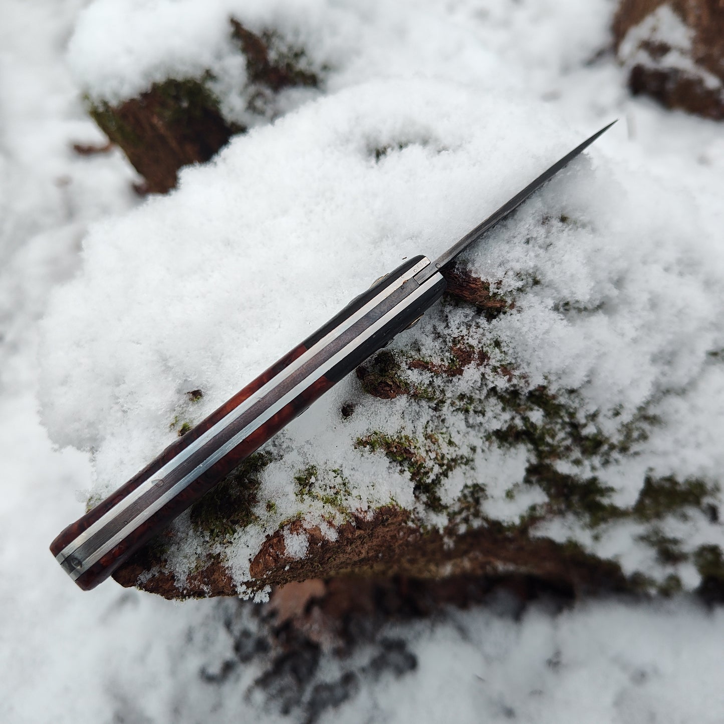 Hand-forged Slipjoint / Heavy Duty Folding Knife / Raindrop Damascus San Mai blade / Bog Oak bolsters with Yew Burl Scales / UK Legal Pocketknife