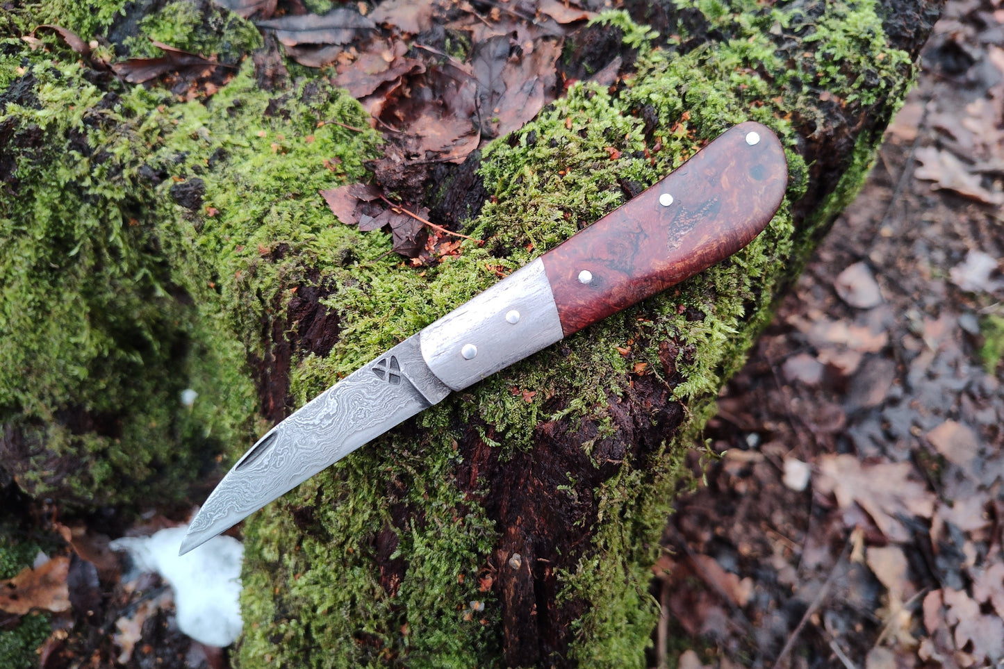 Hand-forged Wharncliffe Slipjoint / Pattern Welded Damascus Blade / Wrought Iron Bolsters and Beech Burl Scales / UK Legal Carry / Bog Yew & Antler Handle