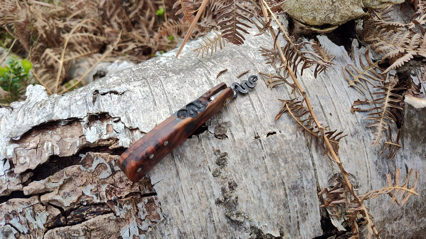 Hand-forged Friction Folder  / 52100 Carbon Steel blade / Yew Burl and mahogany scales / UK Legal Carry