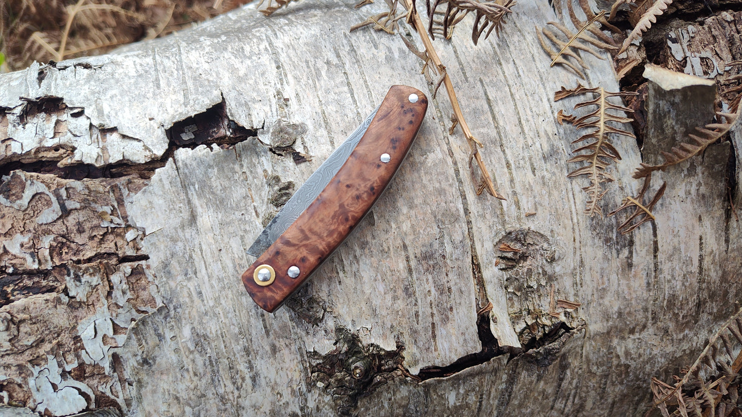 Hand-forged Slipjoint / Pattern-Welded San Mai blade with Thuya Burl Scales / UK Legal Pocketknife