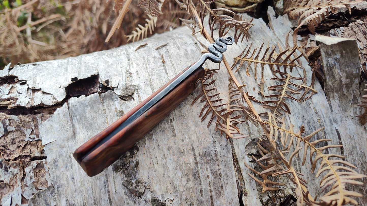 Hand-forged Friction Folder  / 52100 Carbon Steel blade / Yew Burl and mahogany scales / UK Legal Carry