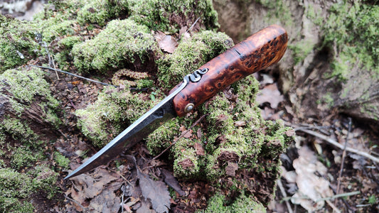 Hand-forged folding knife / Viking Friction Folder / Sheffcut Carbon Steel Blade with Yew Burl handle / UK Legal