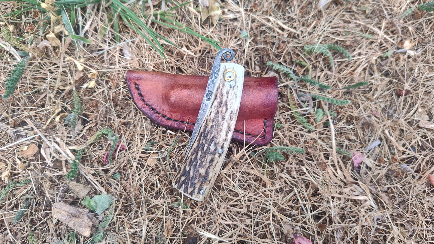 Hand-forged Friction Folder  / 26c3 Carbon Steel blade / Stag Antler Handle / UK Legal Carry