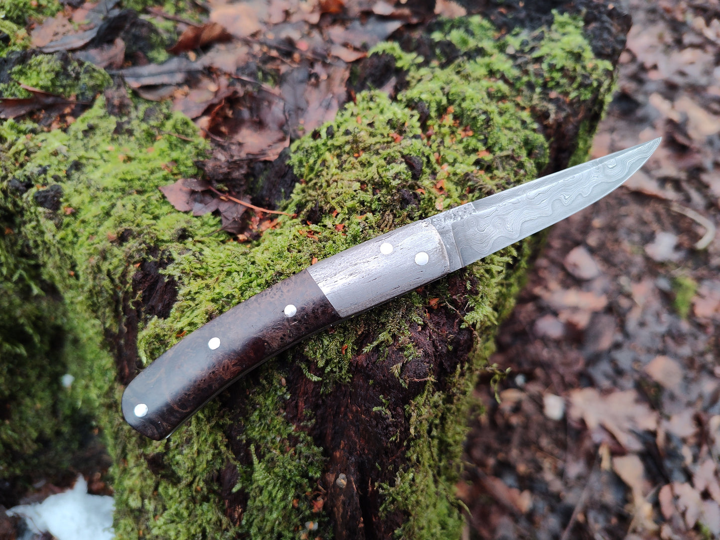 Hand-forged slipjoint folding knife with a pattern-welded blade. Wrought Iron Bolsters with Black Ash Burl Scales. Non-locking UK Legal Carry