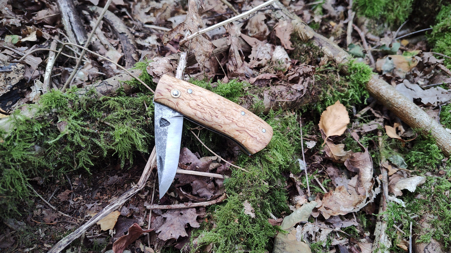 Hand-forged Folding Knife / Heavy duty slipjoint /  Sheffcut Carbon Steel Blade & Masur Birch Handle / Non-locking UK Legal Carry