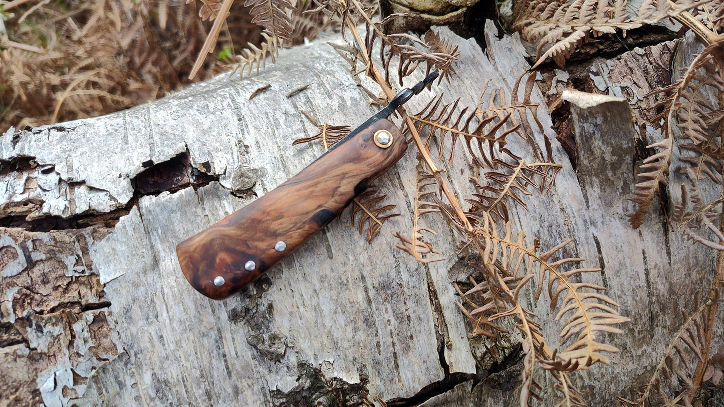 Hand-forged Friction Folder  / 52100 Carbon Steel blade / Yew Burl and mahogany scales / UK Legal Carry