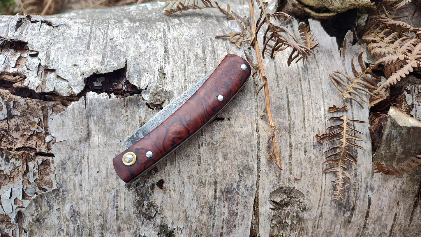 Hand-Forged Raindrop San Mai Damascus Slipjoint with Desert Ironwood Burl Scales / UK Legal Carry
