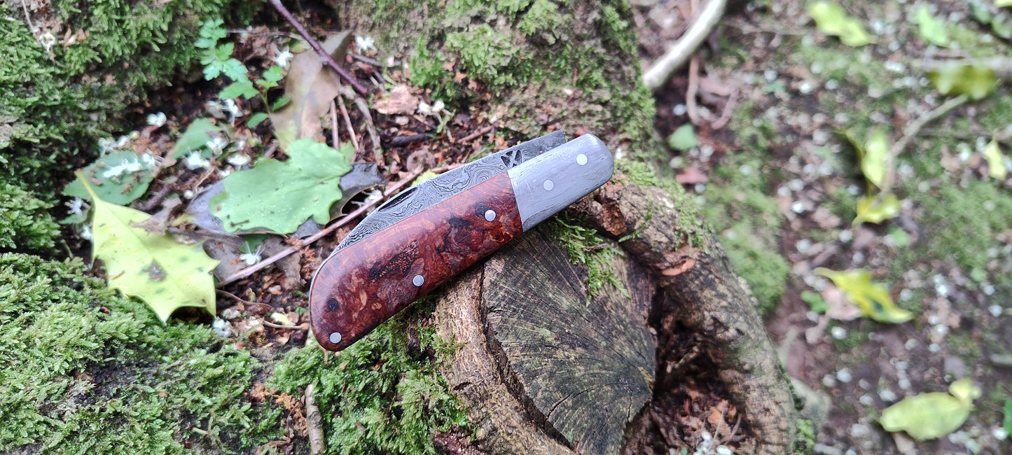 Hand-forged Wharncliffe Slipjoint / Pattern Welded Damascus Blade / Wrought Iron Bolsters and Beech Burl Scales / UK Legal Carry