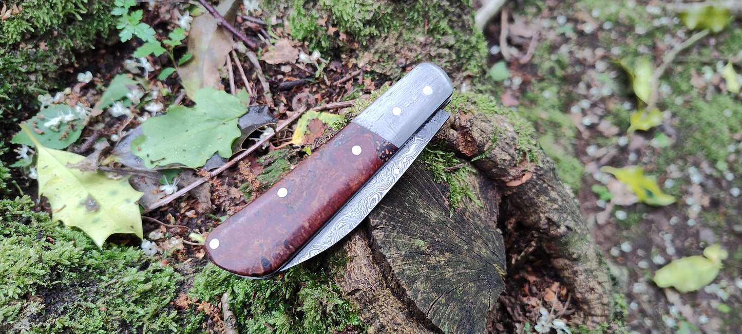Hand-forged Wharncliffe Slipjoint / Pattern Welded Damascus Blade / Wrought Iron Bolsters and Beech Burl Scales / UK Legal Carry