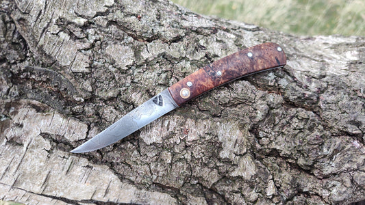 Hand-forged Folding Knife / Pattern-welded blade / Ash Burl Scales / Non-locking UK Legal Carry