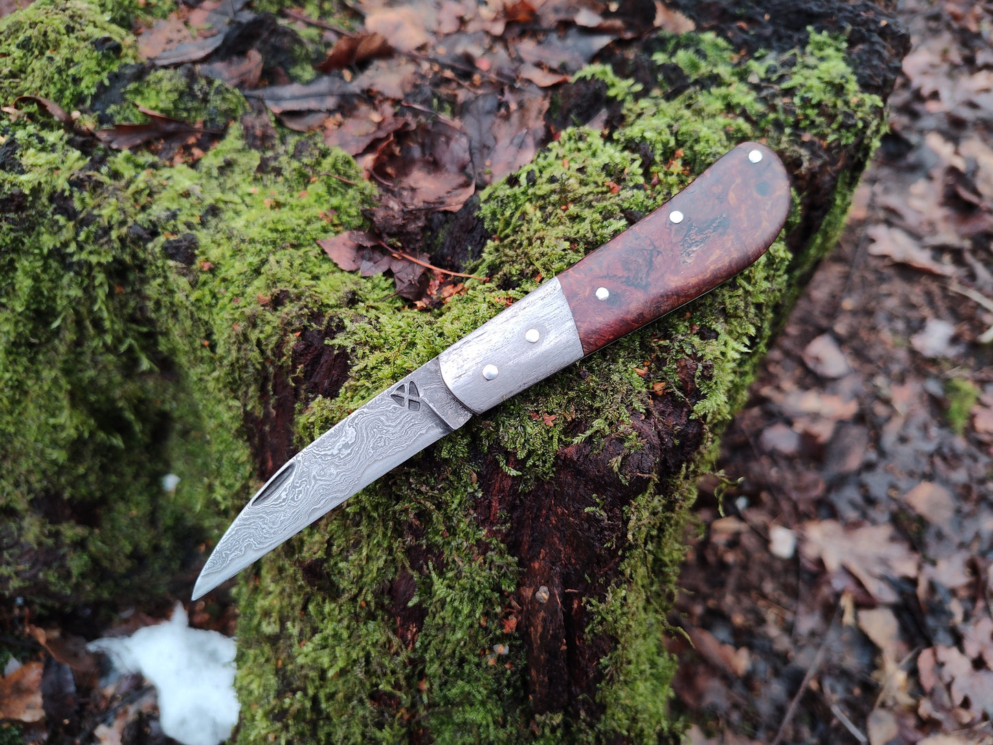 Hand-forged Wharncliffe Slipjoint / Pattern Welded Damascus Blade / Wrought Iron Bolsters and Beech Burl Scales / UK Legal Carry / Bog Yew & Antler Handle