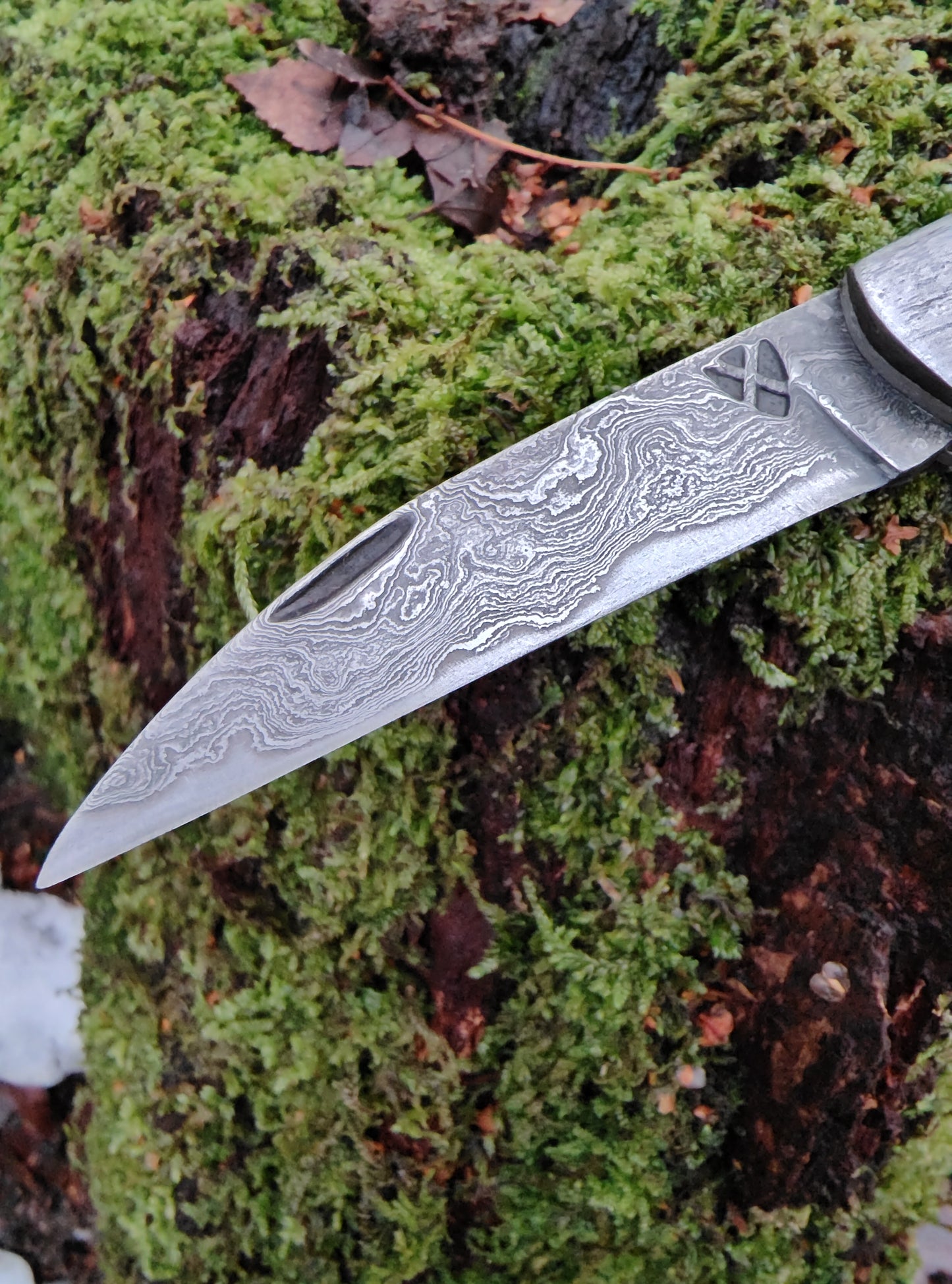 Hand-forged Wharncliffe Slipjoint / Pattern Welded Damascus Blade / Wrought Iron Bolsters and Beech Burl Scales / UK Legal Carry / Bog Yew & Antler Handle