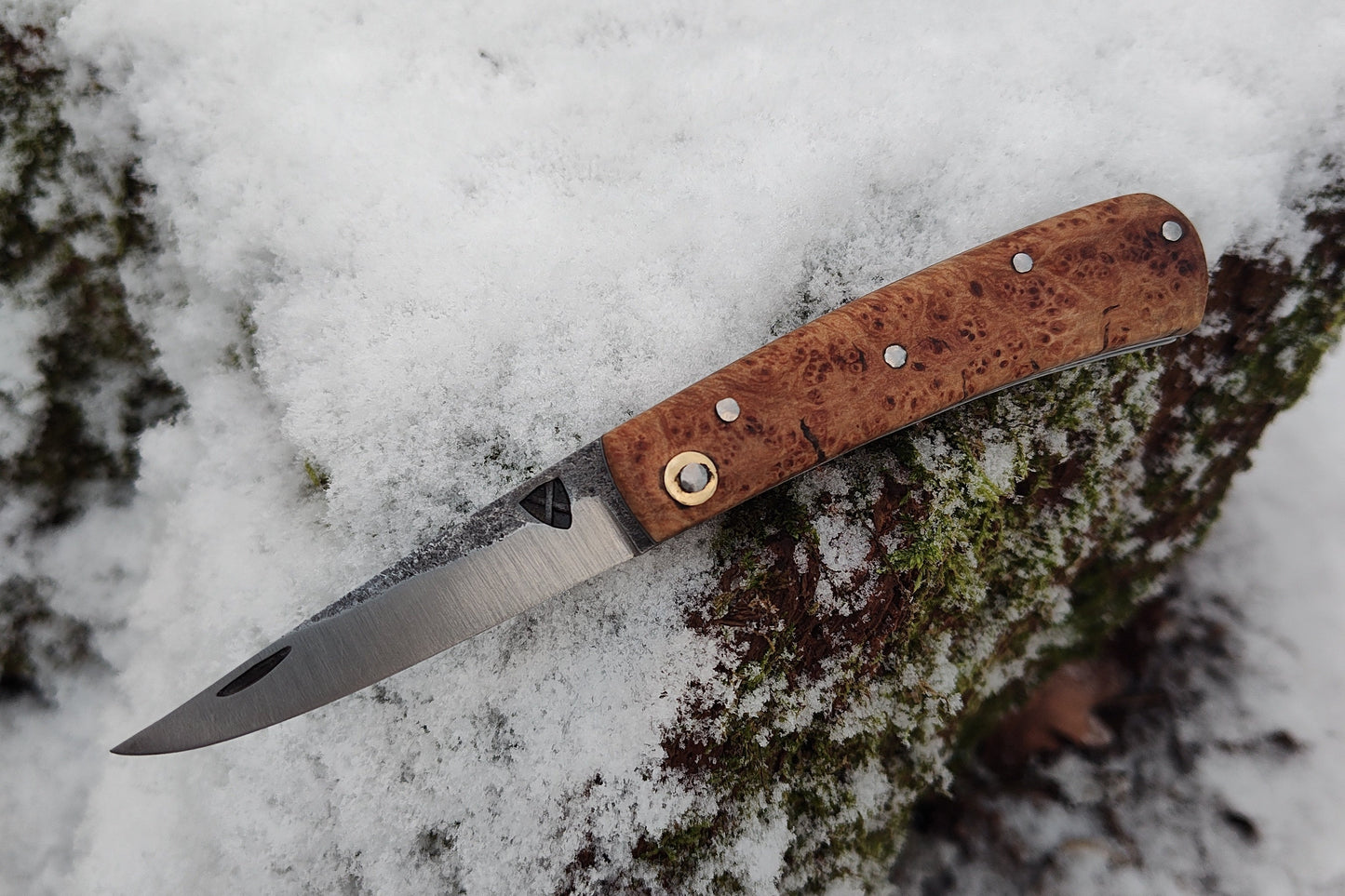 Hand-forged Folding Knife / Carbon Steel Blade/ Stainless Steel Liners with English Maple Burl Scales / Heavy duty slipjoint / Non-locking UK Legal Carry